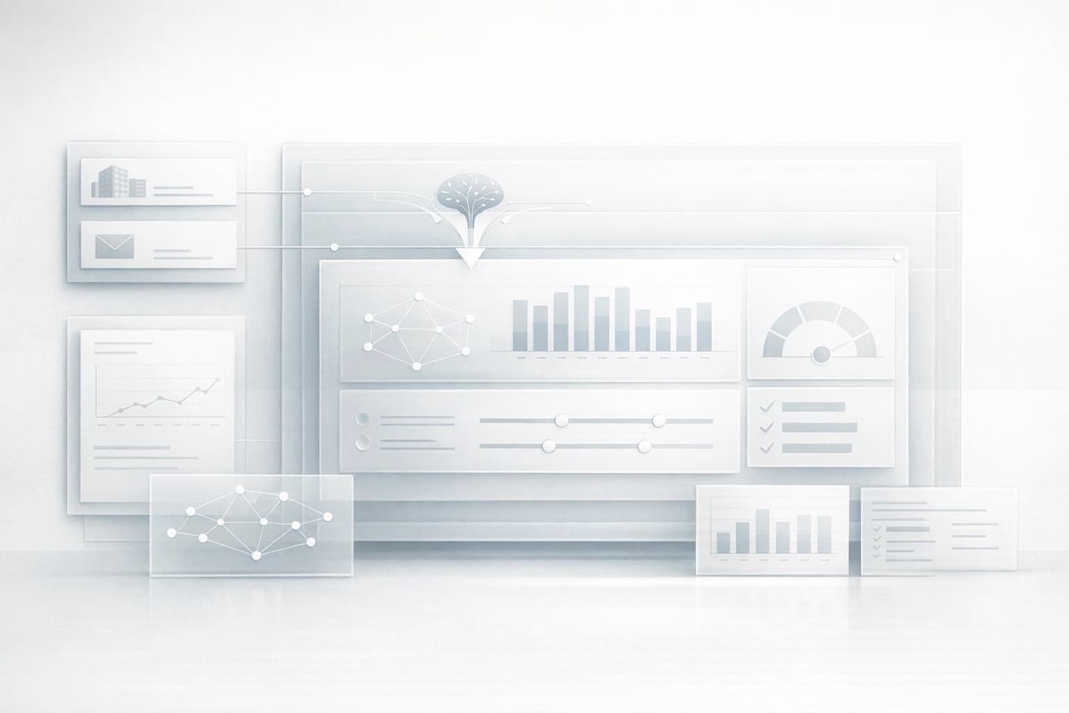 Light AI readiness analysis surface with evaluation panes and capability signals