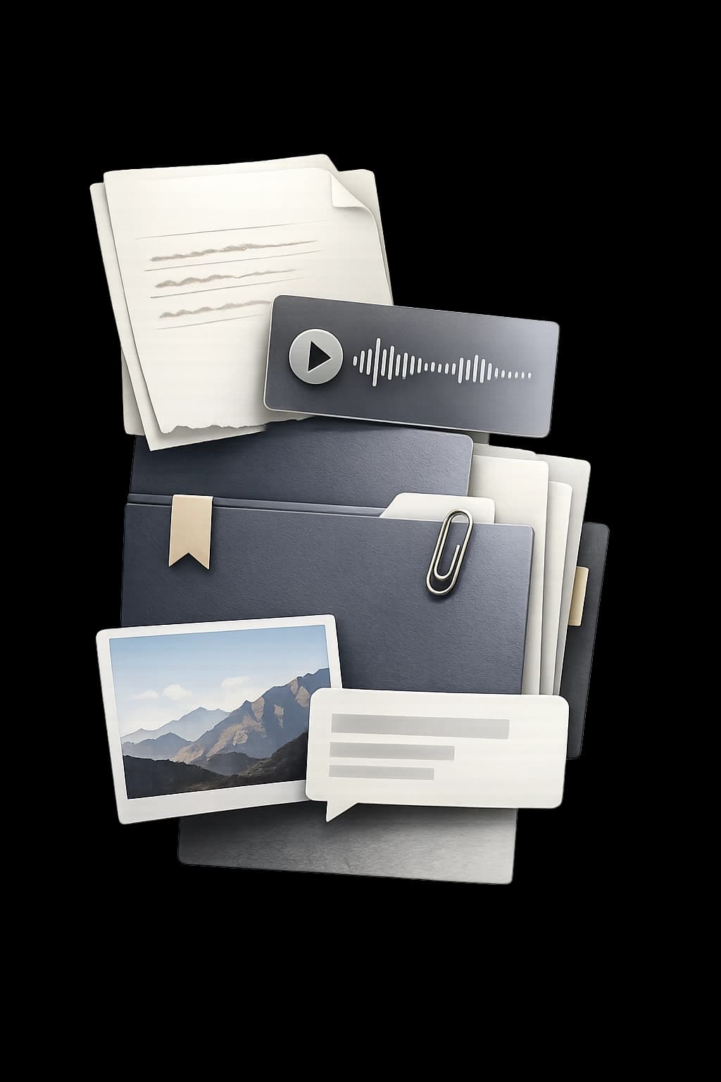 Layered Losi Spaces context stack with files, notes, voice snippets, and messages
